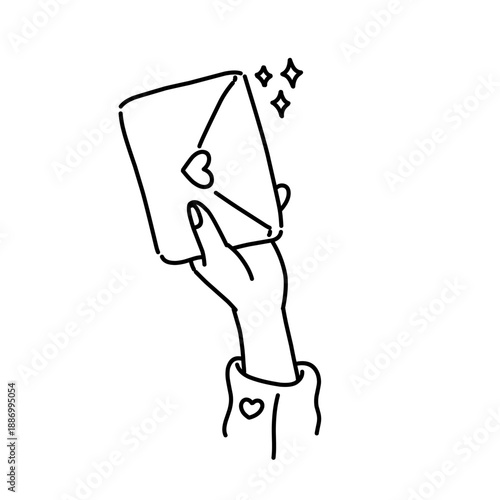 Hand holding love letter envelope with heart seal in minimal line art, symbolizing romance, message, confession, and emotional communication.