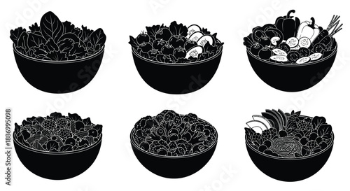 Six stylized black and white illustrations of bowls filled with various vegetables and greens