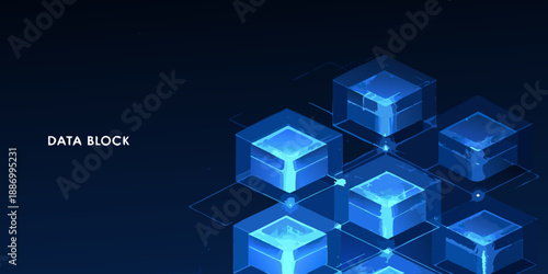 Abstract glowing blue cubes forming a network and data block design