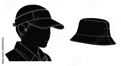 Silhouette of a person wearing a visor and a separate bucket hat illustration