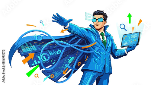 A superhero-like man in a blue suit and cape, surrounded by data visualizations, charts, and digital elements, symbolizing business growth and technological analysis.