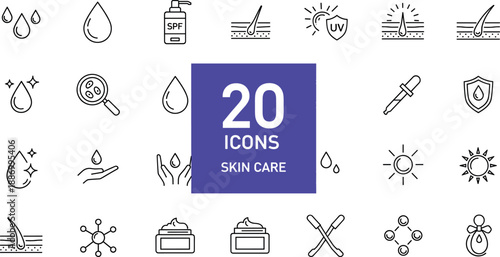 Skin care and dermatology line icons set for cosmetic beauty treatment and sun protection vector