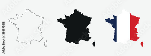 France map illustration set with outline, solid silhouette, and national flag colors. Clean geographic design highlighting the recognizable shape of France and its identity. Ideal for education, 