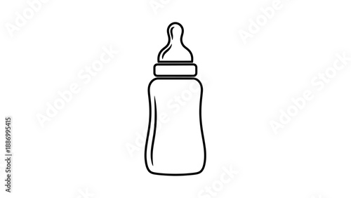 A simple black and white line art illustration of a baby bottle with a nipple.