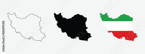 Iran map illustration set with outline, solid silhouette, and national flag colors. Clean geographic representation highlighting the country’s borders and identity. Ideal for education, geopolitics, 