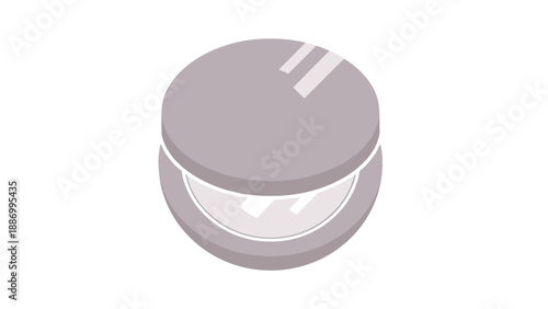 Slightly open grey makeup compact with a mirror inside is depicted as a clean 3d illustration on a white background for cosmetic advertising.