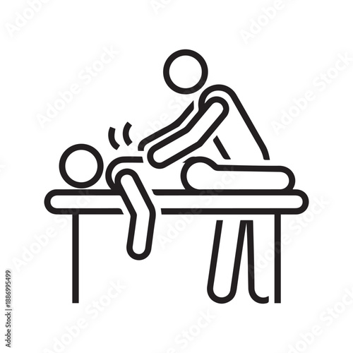 Physiotherapy treatment vector icon. Therapist performing back massage on patient lying on medical table. Chiropractic, rehabilitation, and spa relaxation symbol.
