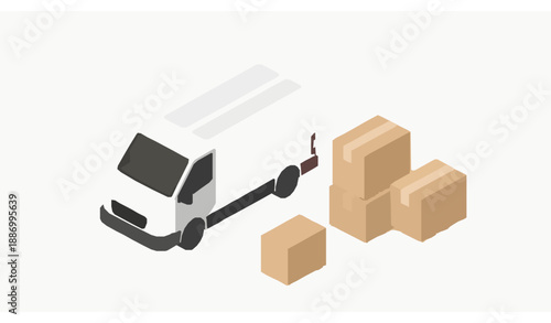 Isometric 3D delivery van and package icon set for logistics and ecommerce