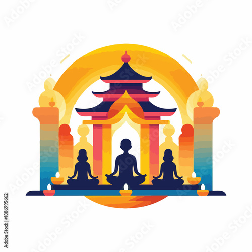 two meditating figures flat minimalist conceptual lifestyle illustration