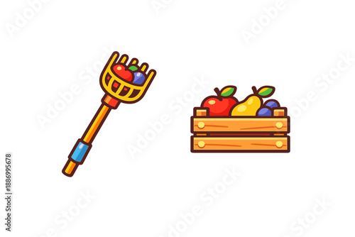 Farm tool and fruit basket show farm life activities like harvesting fruits in a rural setting during daytime with bright colors and simple designs