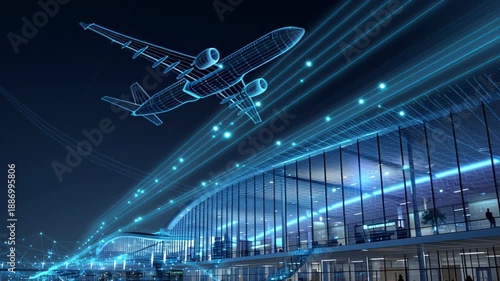 Futuristic airport terminal with a holographic plane and glowing digital pathways