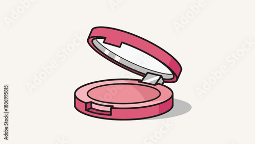Open pink compact powder case featuring a mirror and blush or face powder for makeup application and beauty routine visualization in a flat style.
