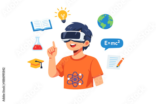 Young student uses virtual reality to learn about science and explore new ideas with interactive tools and symbols in a classroom setting