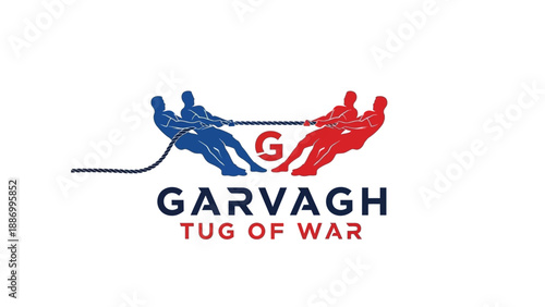 A logo for Garvagh Tug of War featuring two teams, one blue and one red, pulling a rope with a 'G' in the center.