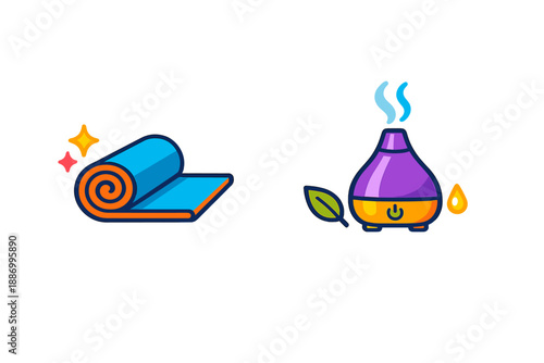 Rolling out a yoga mat and using a diffuser in a home wellness space during a morning routine for relaxation and stretching