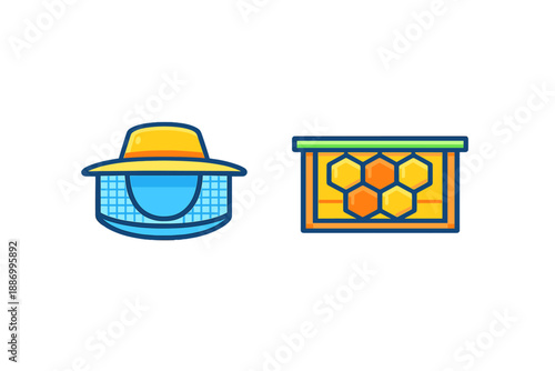 Bee keeping tools shown with a hat and a honeycomb structure designed for bee farms in a rural area during daytime