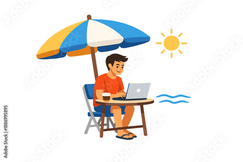 Person works on laptop under beach umbrella at seaside with sun shining bright and waves in view during a sunny day