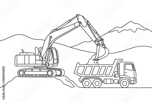 Excavator and dump truck working at a construction site landscape