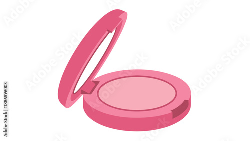 Isometric illustration of a pink compact case with open lid and mirror containing makeup powder for cosmetic product display and branding concepts.