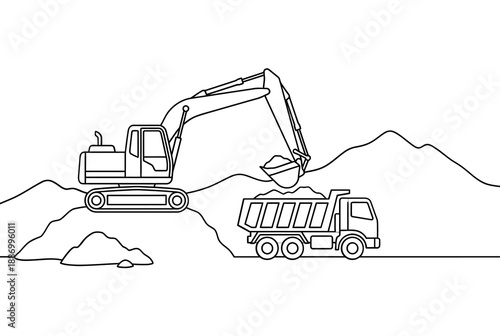 Line drawing of excavator and dump truck working at a construction site