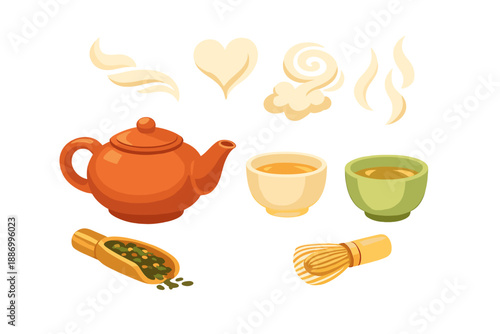 Various tea items arranged on a white background featuring a teapot, tea cups, tea leaves, and a whisk showing the process of making tea
