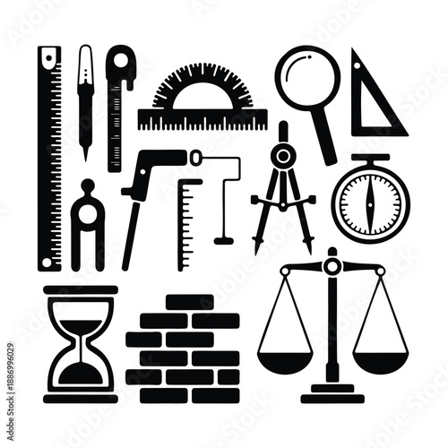 Measurement and Geometry Tools Icons Set in Black Silhouette Style