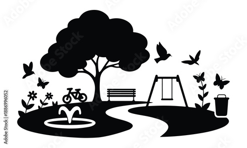 Park Nature Silhouette Illustration with Tree, Bench, Playground and Birds