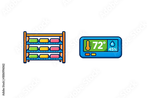 Display of colorful soap bars next to a digital temperature and humidity monitor during a product showcase in a store