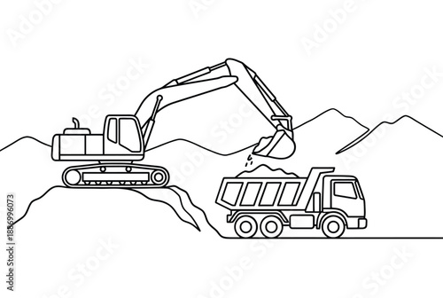 Excavator loading a dump truck in a mountainous construction scene