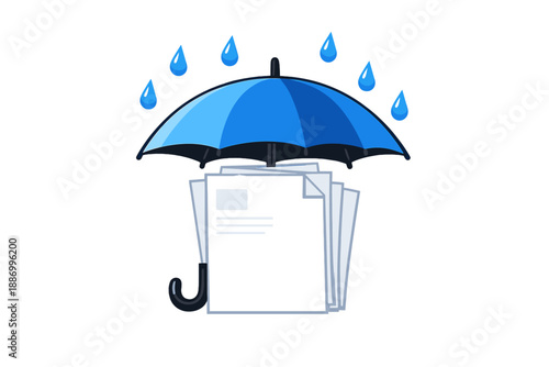 Bright blue umbrella protects papers from rain drops in a creative illustration
