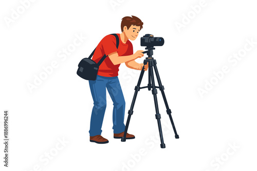 Young man takes pictures with camera on tripod in outdoor location during daytime while enjoying hobby of photography