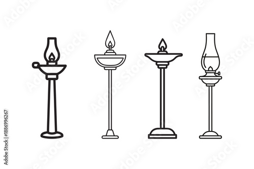 Oil Lamp with long stand set of line art vector illustration