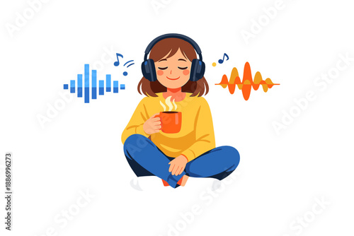 Person enjoys warm drink while listening to music and relaxing with sound waves in a calm indoor space during the day