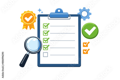 Checklist with a magnifying glass and green check marks on a clipboard next to awards and gears showing task completion at work
