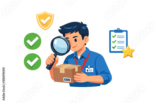 Worker checks package for quality and accuracy with a magnifying glass in a modern office setting during daytime work hours