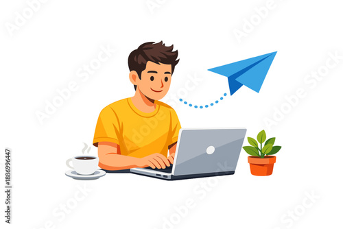 Young man types on laptop while sitting at table with cup of coffee and plant in bright workspace during daytime