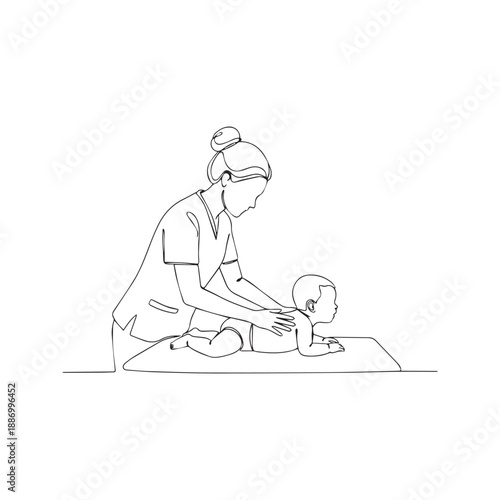 Continuous line drawing of pediatrician examining baby or performing infant massage. Minimalist vector illustration of newborn healthcare, medical checkup, and child care concept.

