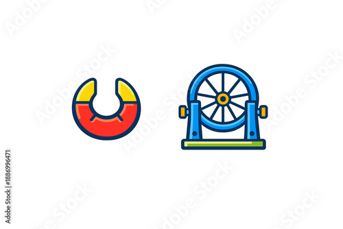 Brightly colored lifebuoy and fishing wheel placed side by side on a simple white background, representing safety and fishing activities in a fun design