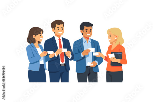 Group of four people exchanging business cards during a networking event in an office setting in the afternoon