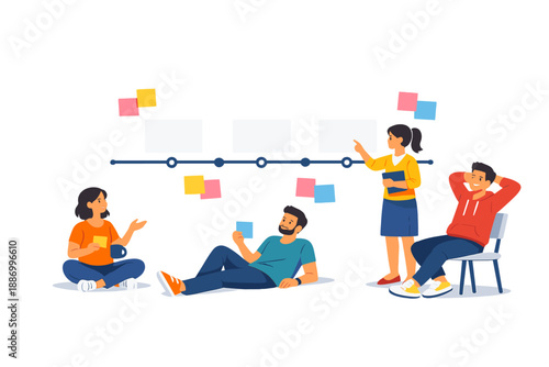 Team members discussing ideas while planning a project in a casual setting with sticky notes on a timeline