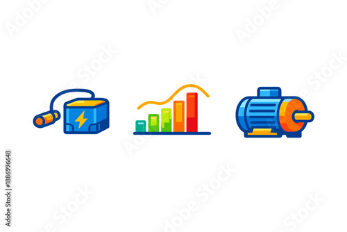 Different tools for energy management showing a battery, a graph, and a motor used in power systems