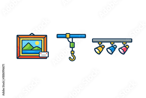 Artwork display setup occurs in a gallery with lighting fixtures and a frame showing a landscape scene during a daytime event