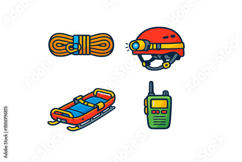 Various winter sports gear including a helmet, rope, sled, and radio for outdoor activities in snowy locations