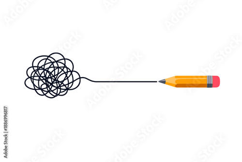 Drawing of a pencil with a tangled line coming from the tip showing the complexity of thoughts or ideas in a creative process
