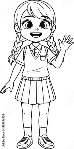 Cartoon schoolgirl illustration, waving pose, braided hair, smiling child, school uniform drawing, educational character, friendly student, kids content artwork