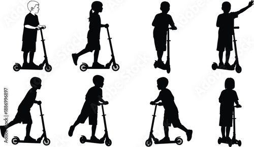 Active children on kick scooters silhouette set with boys and girls riding for community park signage and school safety vector