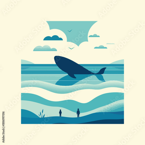 whale silhouette with figures watching shore flat vector icon