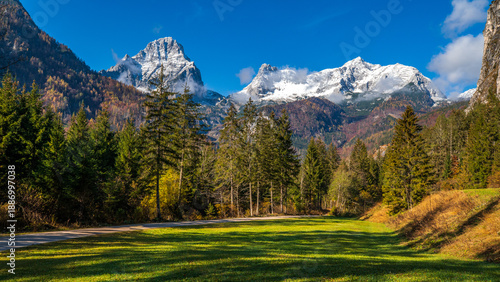Mountain Landscape Schiederweiher Alpine Lake Snowcapped Mountains Autumn Forest Tranquil Nature Scene in Upper Austria European Alps