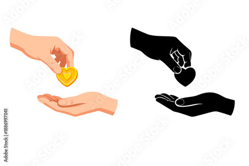 People exchanging heart tokens in hands representing love and connection during a community event