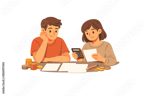 Two people sit at a table discussing finances with papers, coins, and a calculator during a day at home